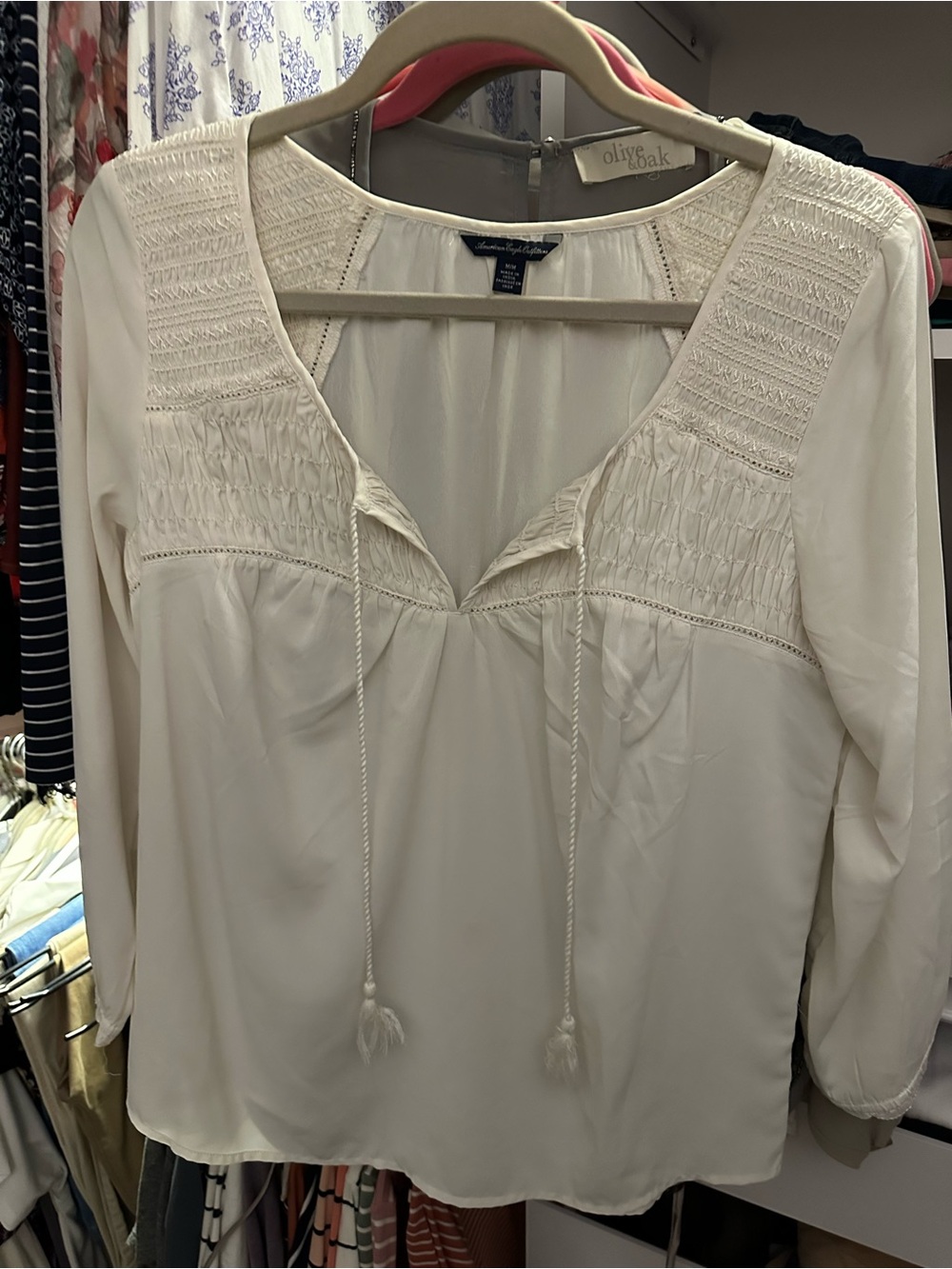American Eagle Outfitters Cream Smocked Peasant Blouse with Tassels